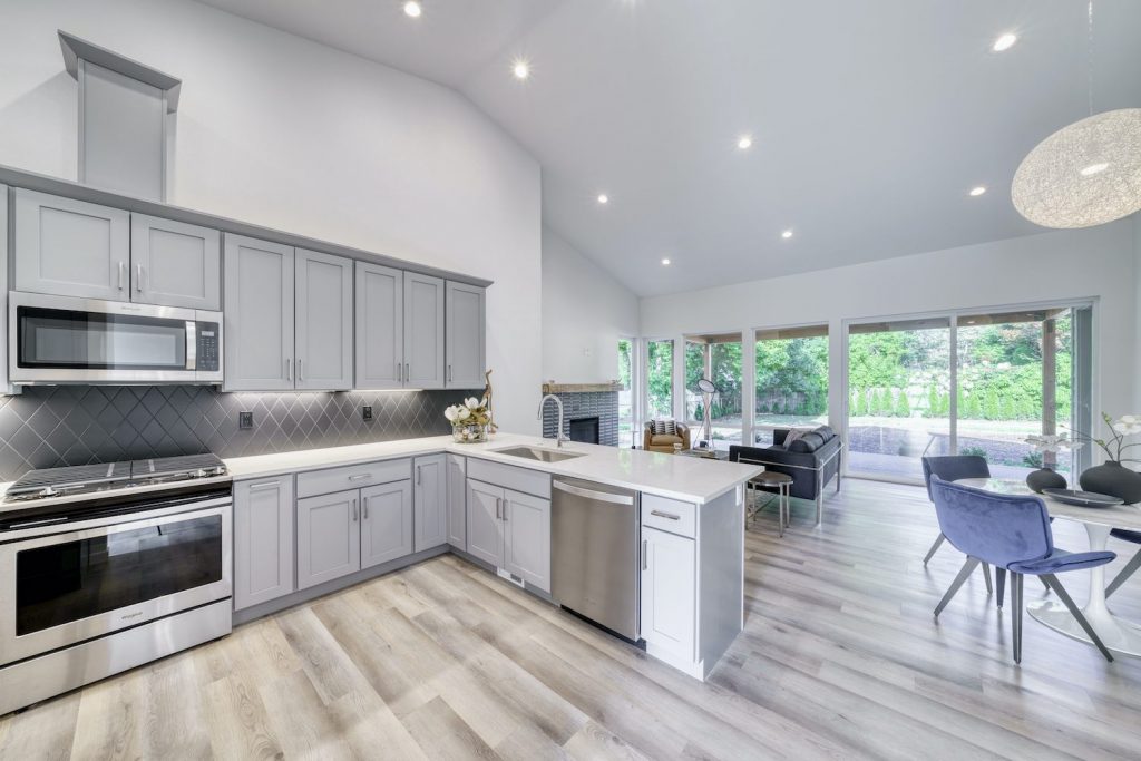 Oblique view of a remodeled kitchen and living room in Duncan, South Carolina