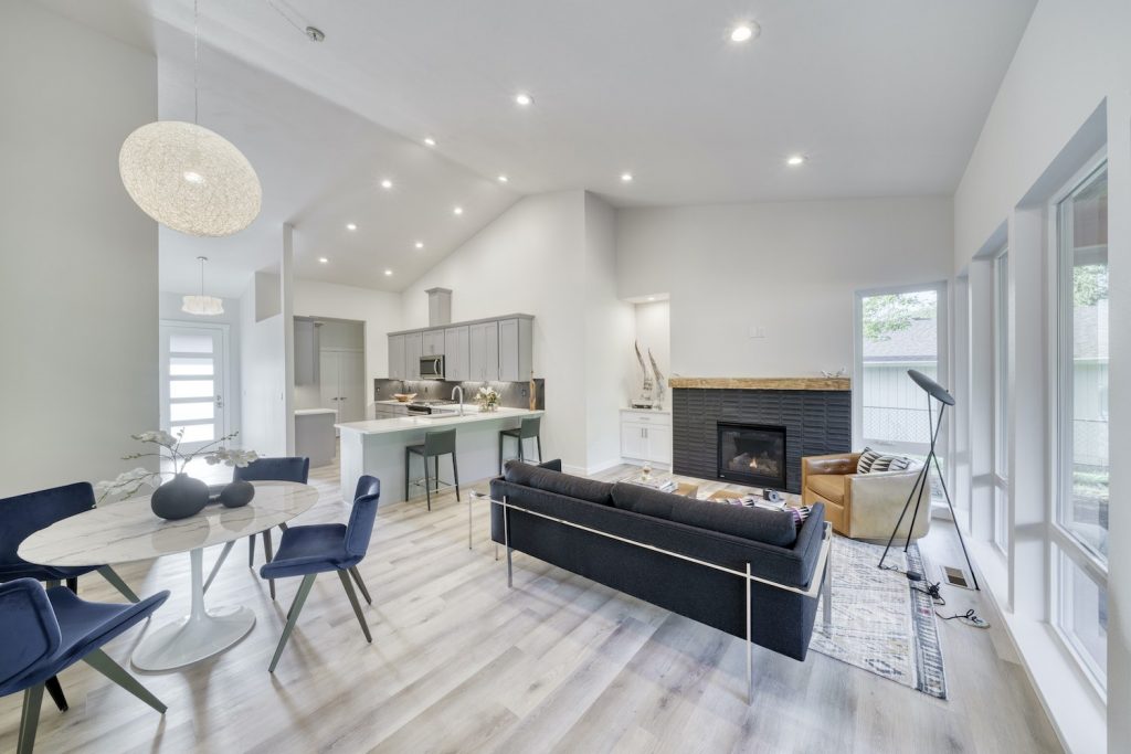 Oblique view of a remodeled kitchen and living room in Duncan, South Carolina